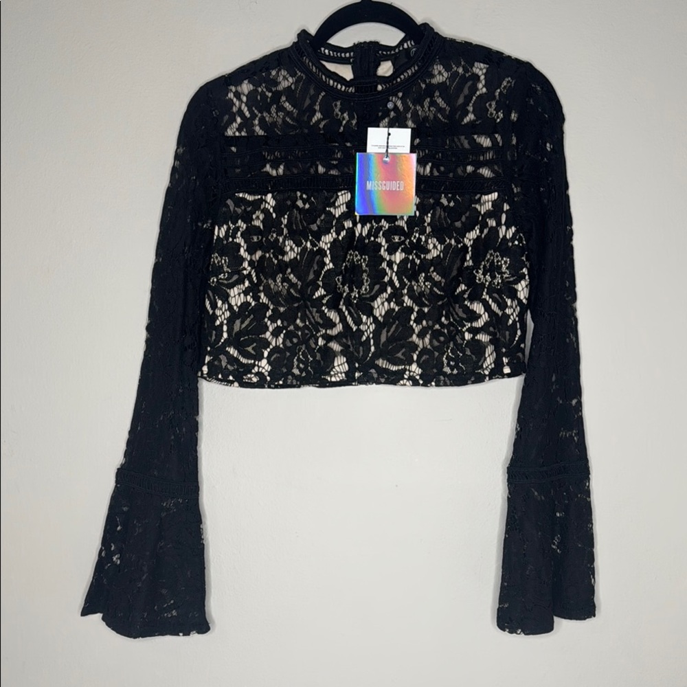 Missguided Black Lined Lace Crop Top Bell Sleeve Dark Magic Sexy. Sz8 NWT